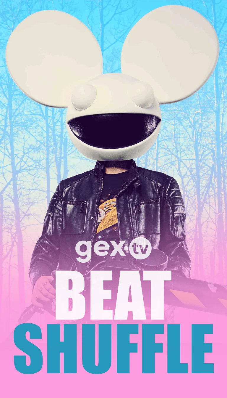 Gex TV - póster promocional con personaje, programación de beats y shuffle